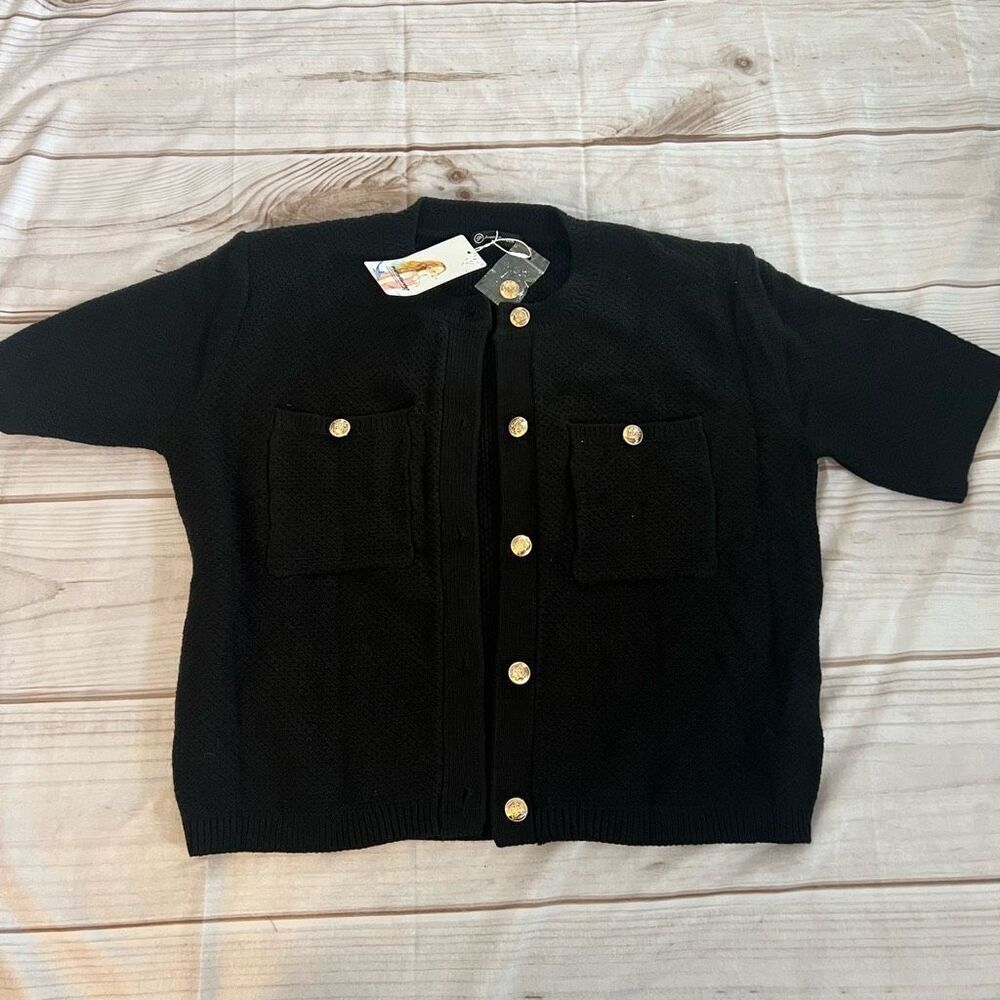 NWT Pretty Garden cropped cardigan black gold professional office